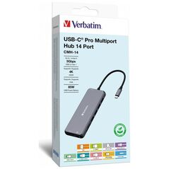HUB USB Verbatim USB (3.2) hub 14-port, 32154, szary, długość przewodu 15cm, Verbatim, 2x USB C, 5x USB A, 2x HDMI, czytnik SD/micro SD