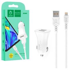 Ładowarka Vega ŁADOWARKA SAMOCHODOWA 3A + KABEL IPHONE BIAŁA DENMEN 3100mA DUAL FAST CHARGING 2XUSB DZ06L 15W>