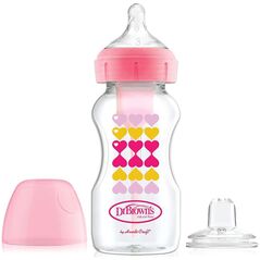 Dr Browns Butelka szeroka ze smoczkiem i ustnikiem 270ml różowa serca 6m+ Dr Browns