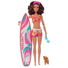 Lalka Barbie Mattel plażowa (brunetka) + akcesoria HPL69