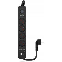 Listwa zasilająca Kerg Urządzenie zasilające zabezpieczające KERG z wyłącznikiem 4 gniazda USB-C USB-A czarne 1,5m 16A H05VV-F 3x1,5mm2