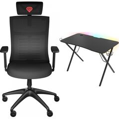Fotel Genesis ASTAT 200 G2 Czarny (NFG-1943) + Biurko Holm 200 RGB Czarne 113cm x 60cm