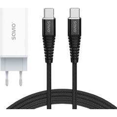 Ładowarka Savio Ładowarka sieciowa 65W GaN LA-07 z kablem typu C-USB typ C 100W 1m, biało-czarna