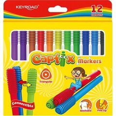 Keyroad Flamastry KEYROAD Capfix Markers, 12szt., trójkątne, zmywalne, łączone, zawieszka, mix kolorów 7882051 6941288705802