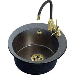 Zlewozmywak Steiner ART JAMES 210 (Ø51x20) Steingran Art Gold Black Pearl z syfonem manualnym, baterią Maggie i dozownikiem - czarny opalizacja złota 8648349 5903242538827