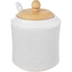 Orion Cukierniczka porcelanowa z łyżeczką i pokrywką bambusową cukiernica pojemnik na cukier 11,5 cm 9454517 8592381174323
