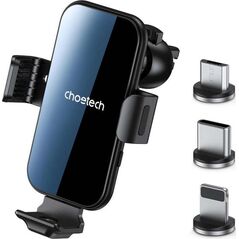 4kom.pl Uchwyt samochodowy Choetech Holder do auta na telefon z ładowarką indukcyjną QI na kratkę + magnetyczne końcówki Czarny 12564467 6932112102119