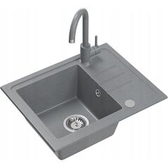Zlewozmywak BEN 116 zlewozmywak granitowy silver stone 55x44 z szarą baterią ze stałą wylewką, ze stalowym syfonem i zaślepką 14010819 5905505505942
