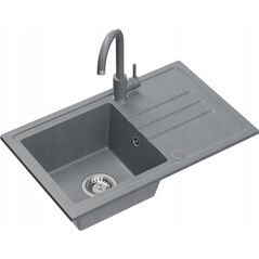 Zlewozmywak BEN 111 zlewozmywak granitowy silver stone 70x44 z szarą baterią ze stałą wylewką, ze stalowym syfonem i zaślepką 14010828 5905505506123