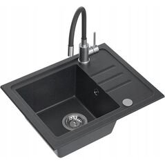 Zlewozmywak BEN 116 zlewozmywak granitowy black dotted 55x44 z czarną baterią z elastyczną wylewką, ze stalowym syfonem i zaślepką 14010830 5905505506017