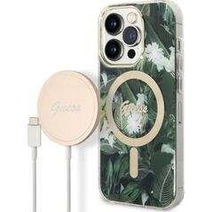 Ładowarka Guess Zestaw Guess etui + ładowarka bezprzewodowa GUBPP14XHJEACSA Apple iPhone 14 Pro Max zielony/green hard case Jungle MagSafe