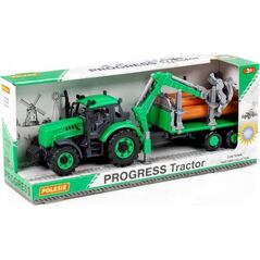 Polesie Polesie 96487 Traktor Progres inercyjny z podnośnikiem i przyczepą do przewozu drewna, zielony w pudełku