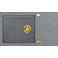 Zlewozmywak GraniteQ EVAN 136 XL GraniteQ zlewozmywak z syfonem Push To Open 1-komorowy z/o (860x500x210| kom. 420x490) silver stone / elementy złote
