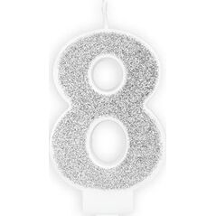 Świeczka urodzinowa, cyferka 8, srebrna brokatowa, 7 cm. uniwersalny