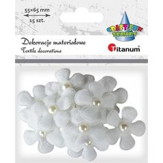 Titanum Ozdoba materiałowa kwiaty 3D z perełką białe 15szt