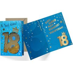 KUKARTKA Karnet confetti 18-te urodziny niebieskie z koroną KNF-033