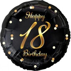 GoDan Balon foliowy Happy 18 Birthday, czarny, nadruk złoty, 18"