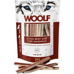 WOOLF  Woolf Przysmak Pies Long Beef&Cod Sandwich - Wołowina z Dorszem paski, 100g