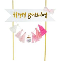 Arpex Dekoracja tortu Happy Birthday - frędzelki różowe one size