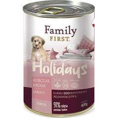 Family First Puszka dla psa, DZICZYZNA/WOŁOWINA/MARCHEW, junior, duoproteina, 400 g