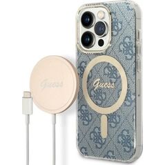Guess Zestaw Guess GUBPP14XH4EACSB Case+ Charger iPhone 14 Pro Max 6,7" niebieski/blue hard case 4G Print MagSafe NoSize