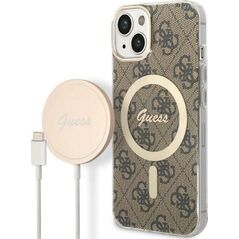 Guess Guess zestaw ładowarka MagSafe + etui do iPhone 14 6,1" brązowe 4G Print (GUBPP14SH4EACSW)