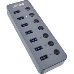 HUB USB InLine InLine® USB 3.2 Gen.1 hub, 7-port, with switch, aluminium, grey, with power supply unit