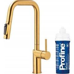 Bateria kuchenna KFA DUERO PURE STYLE PULL-OUT BATERIA KUCHENNA Z FUNKCJĄ FILTRACJI WODY I WYCIĄGANĄ WYLEWKĄ + ZESTAW FILTRUJĄCY PROFINE BLUE S, BRUSHED GOLD