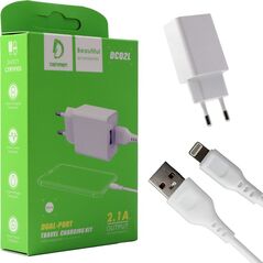 Ładowarka Vega ŁADOWARKA SIECIOWA 2.1A 10W  BIAŁA DENMEN 2100mA 2xUSB DC02 + KABEL IPHONE WHITE>
