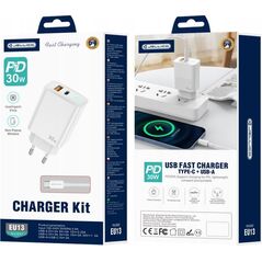 Ładowarka Jellico JELLICO ładowarka sieciowa EU13 GaN PD 30W 1xUSB-C + 1xUSB QC3.0 + kabel USB-C - USB-C Biały
