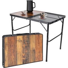 vidaXL STOLIK TURYSTYCZNY SKŁADANY KEMPINGOWY 90X60X36-68CM SIATKA STALOWA DREWNO
