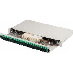 Panel krosowy FO z wyposażeniem 19'' 1U, 24x SC APC dx, OS2, pigtaile, adaptery, tacki, szary