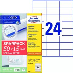 AVERY Universaletiketter Avery 70x36 mm, hvid med Ultragrip + 30% ekstra indhold - (65 ark x  24 stk.)