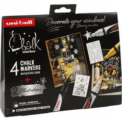 Usorteret Uni Kreidemarker-Set X-mas mit 4-tlg. PWE-5M (Farben Weiß, Schwarz, Gold, Silber) + 2 Illustrationsblätter