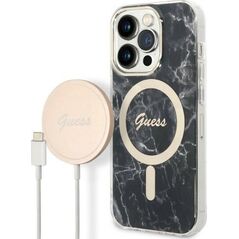 Guess Zestaw Guess GUBPP14LHMEACSK Case+ Charger iPhone 14 Pro 6,1" czarny/black hard case Marble MagSafe NoSize