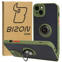 Bizon Case Hybrid Ring Apple iPhone 15 Plus smoky with a green frame