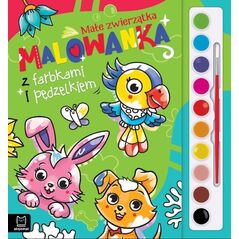 Malowanka z farbkami i pędzelkiem. Małe zwierzątka