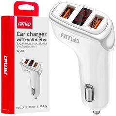 Ładowarka AMiO Ładowarka samochodowa 2x usb-a + woltomierz 3.1a amio-03887