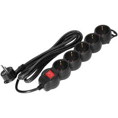 Orno Przedłużacz 5-krotny 2P+Z (Schuko), z wyłącznikiem, 5m H05VV-F 3x1,5mm2, Imax=16A, płaska wtyczka, czarny