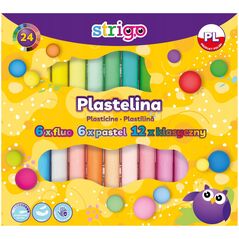 Strigo Plastelina STRIGO, 24 kolorów ( 6 fluorescencyjnych,  6 pastelowych, 12 klasycznych)