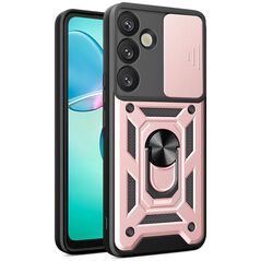 Etui pancerne Hybrid Armor Camshield z osłoną aparatu i metalowym ringiem do Samsung Galaxy S25+ - różowe