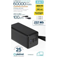 PLATINET POWER BANK 60000 mAh 20W PD FLASHLIGHT USB-C 1M CABLE [46013]