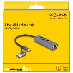 DeLOCK 3 Port USB 5 Gbps Hub + Gigabit LAN with USB Type-C, Docking Station (grey)