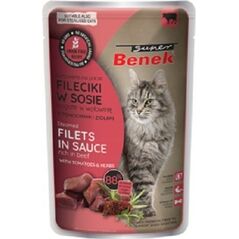 SUPER BENEK  SASZ.KOT 85g FILETY W SOSIE  Z WOŁOWINĄ,POMIDARMAI, ZIOŁAMI /28