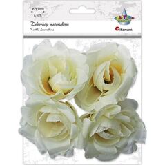 Materiałowe róże 3D 75mm białe na druciku 4szt