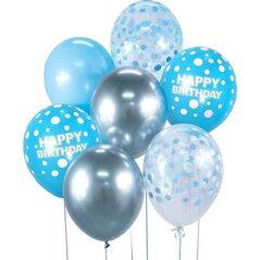Balony B&C srebrno-niebieski Happy Birthday 7szt