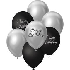 Balony B&C srebrno-czarny Happy Birthday 7szt