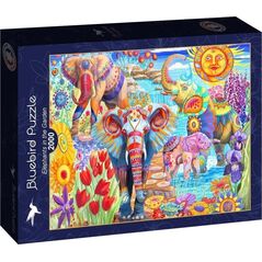 Puzzle 2000 Kolorowe słonie w ogrodzie