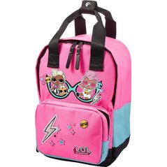 LEGO L.O.L. Surprise! Together 4Eva Small Backpack with pink pom-pom attached to zipper puller