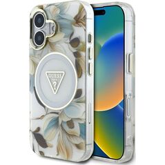 Etui Guess Glitter Flowers Triangle       Buttons MagSafe do iPhone 16 biały